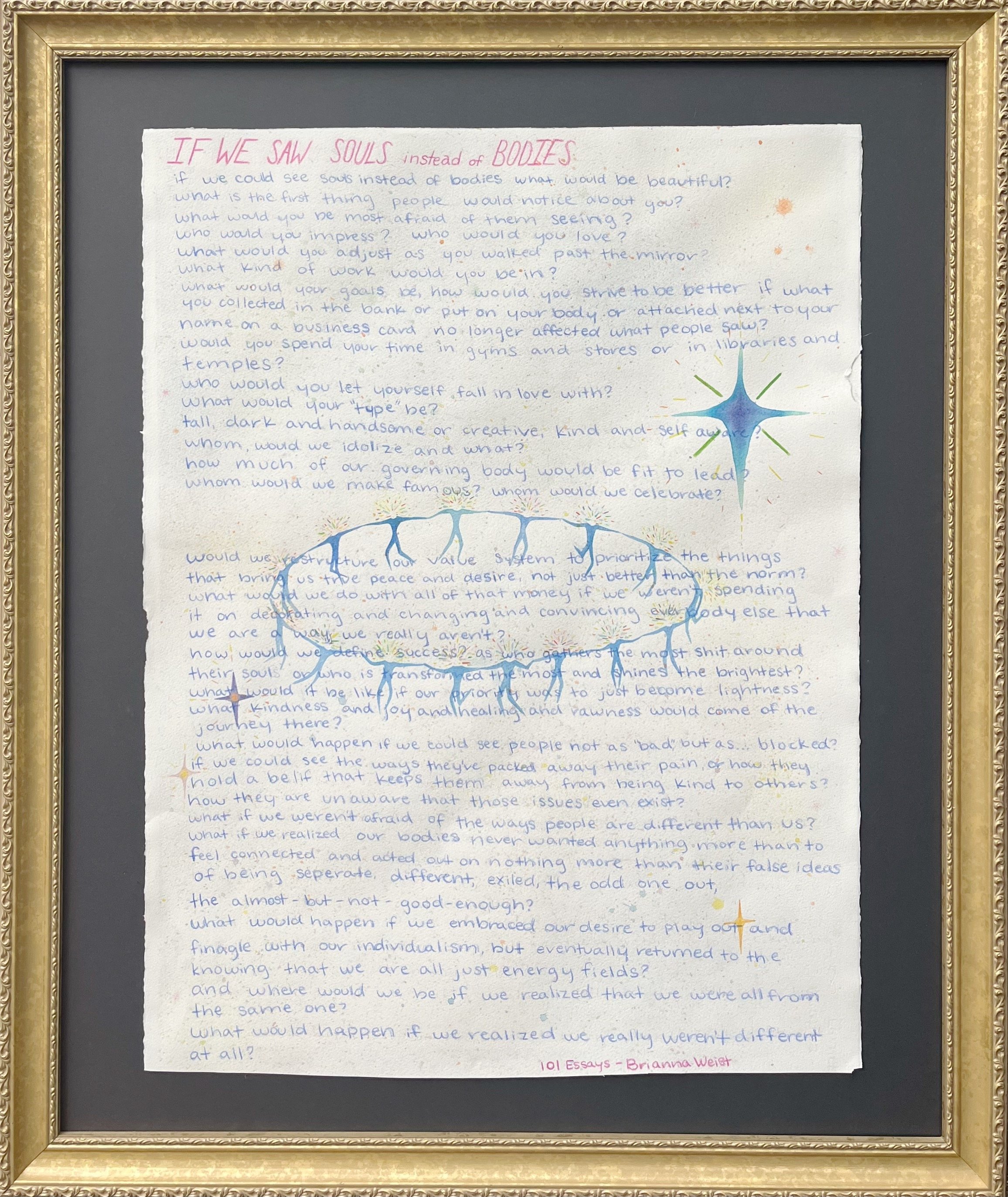 22x30"
watercolor and colored pencil
Weist, Brianna. “If We Saw Souls Instead of Bodies.” 101 Essays That Will Change The Way You Think, Thought Catalog Books, Brooklyn, pp. 170–171.
Inspired by Brianna Weist's chapter 47 in 101 Essays that will