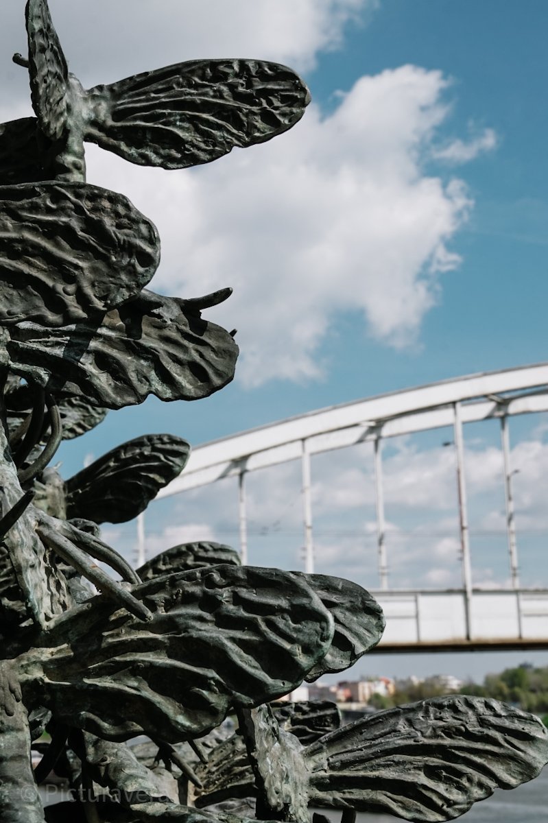 Denkmal an Tisza in Ungarn mit Brücke im Hintergrund