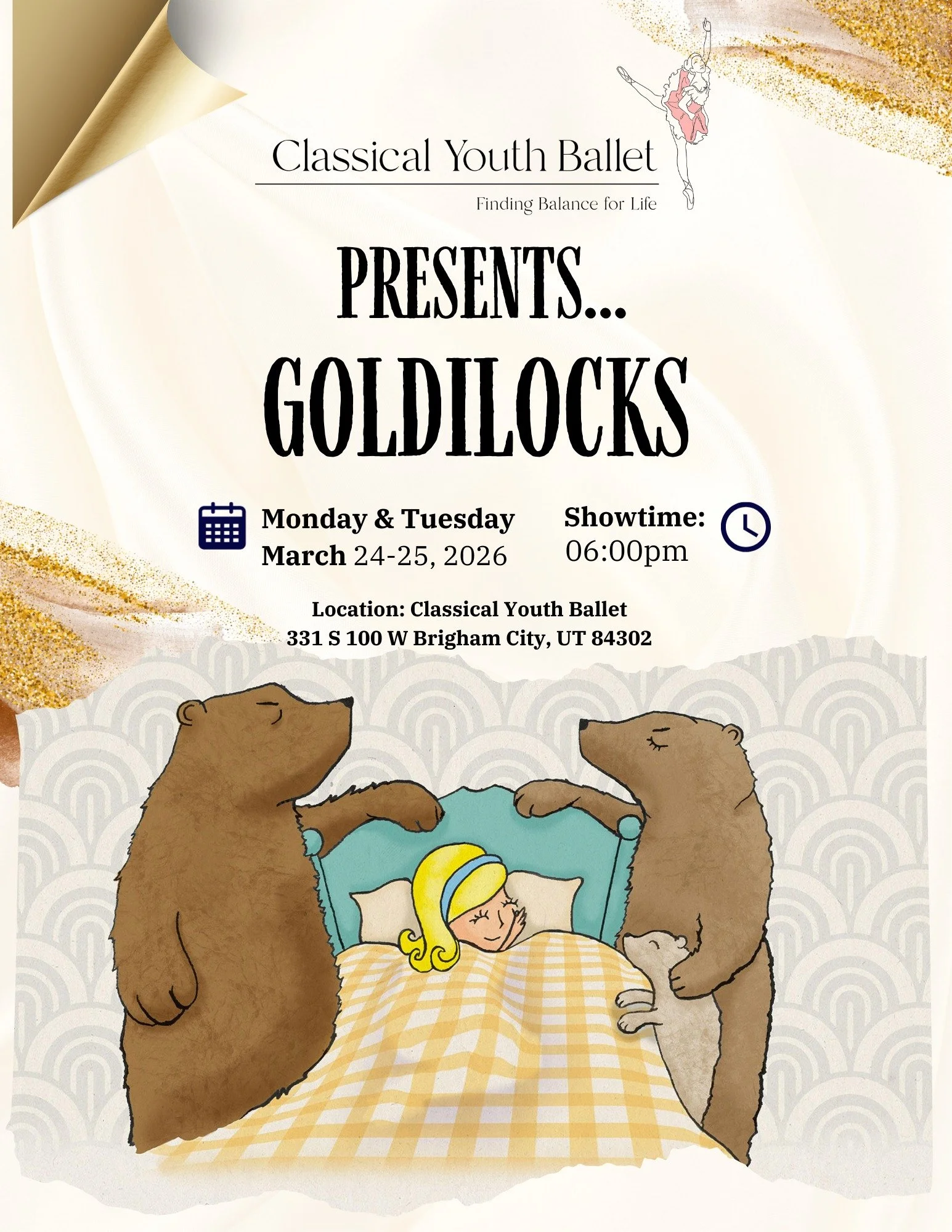 ✨From mischievous chipmunks, to spritely wildflowers &amp; twirling butterflies- Step into this classic tale with us as our dancers bring Goldilocks and the Three Bears to life!✨

ps. maybe you can even snatch a picture with Goldilocks! 🤭

*This is 