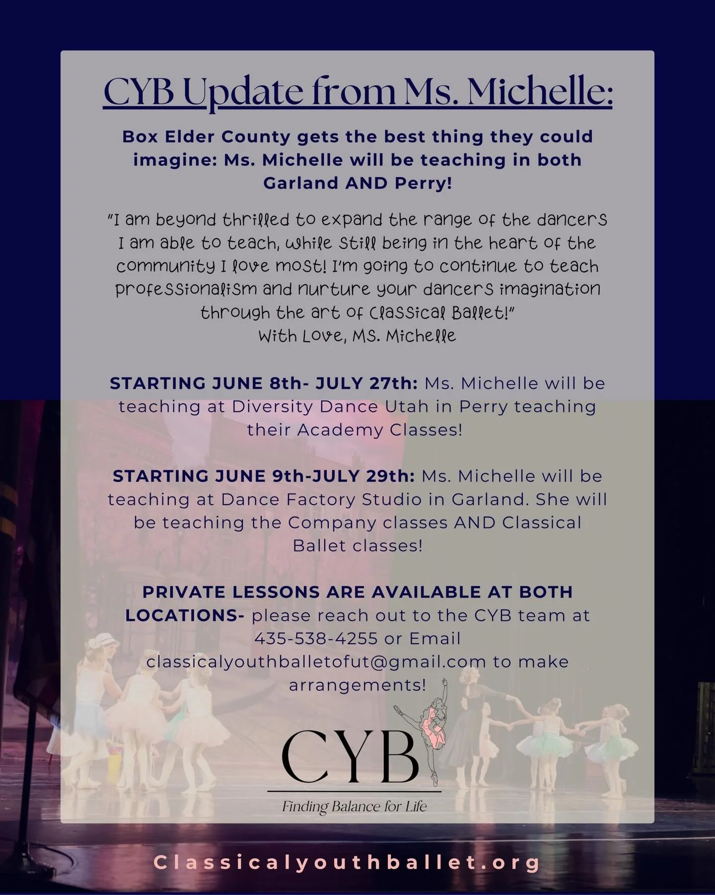 Super important update!!

Make sure you read this! 

Box Elder County gets the best thing they could imagine: Ms. Michelle will be teaching in both Garland AND Perry!

I am beyond thrilled to expand the range of the dancers I am able to teach, while 