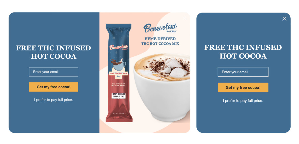 Advertisement offering free THC-infused hot cocoa in exchange for an email address with a sign-up button.