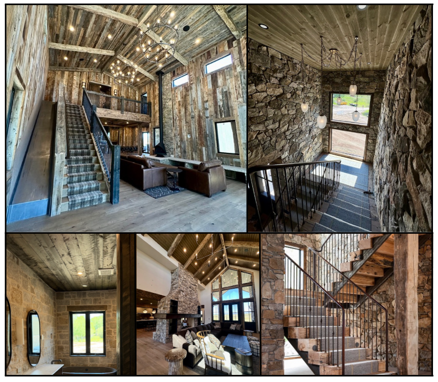 Custom home featuring natural stone masonry, stained tongue-and-groove cedar walls and ceilings, and custom metal window flashing by Huff's Siding.
