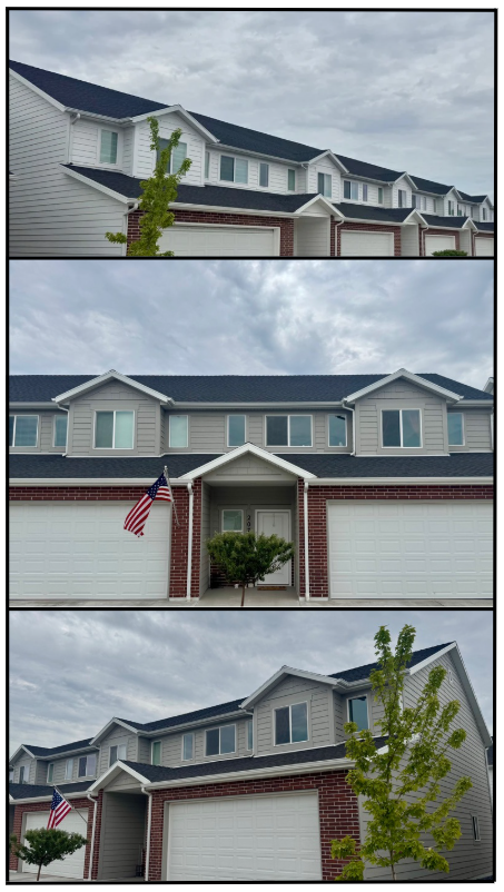 Utah townhome development featuring professional lap siding, exterior trim, soffit, fascia, and custom metal flashing installation by Huff's Siding.