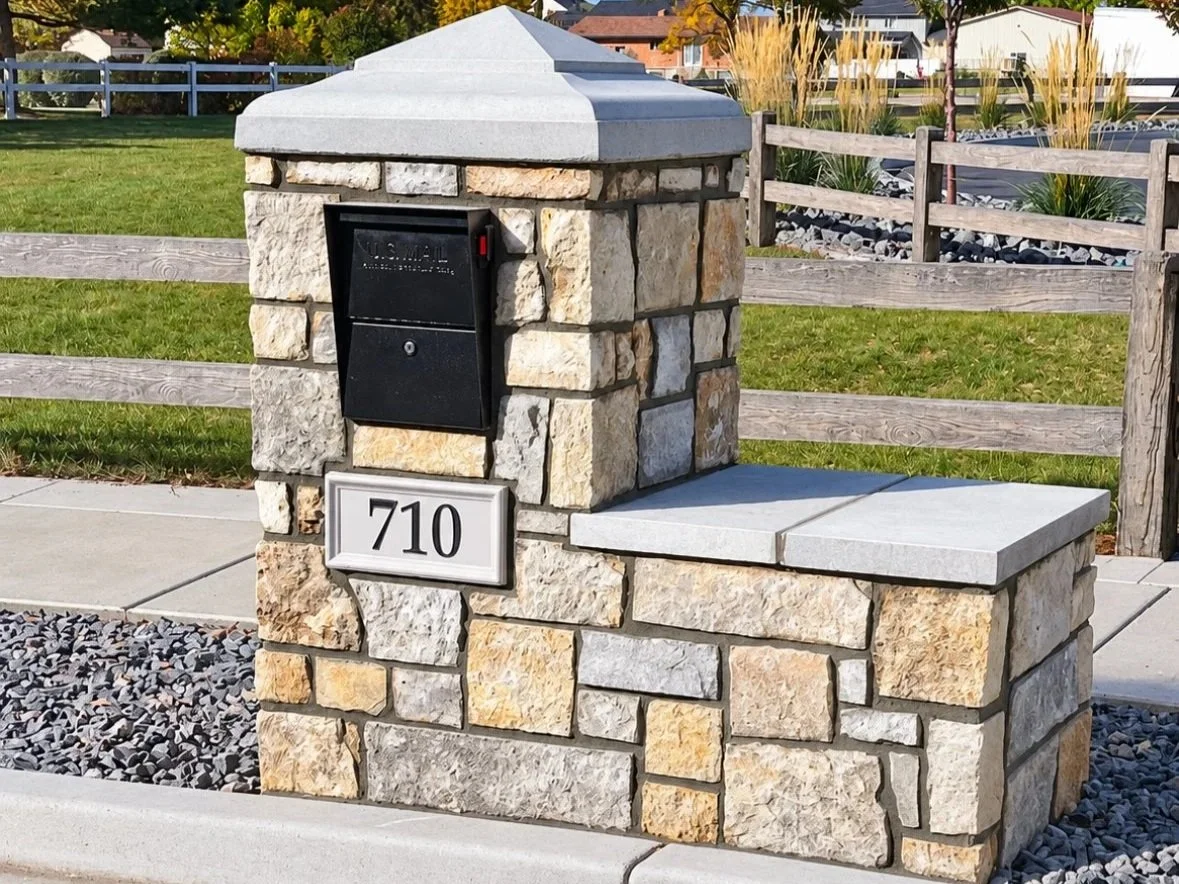 Custom stone masonry mailbox with a black metal mailbox insert, decorative stone cap, and matching stone sidewalls.
