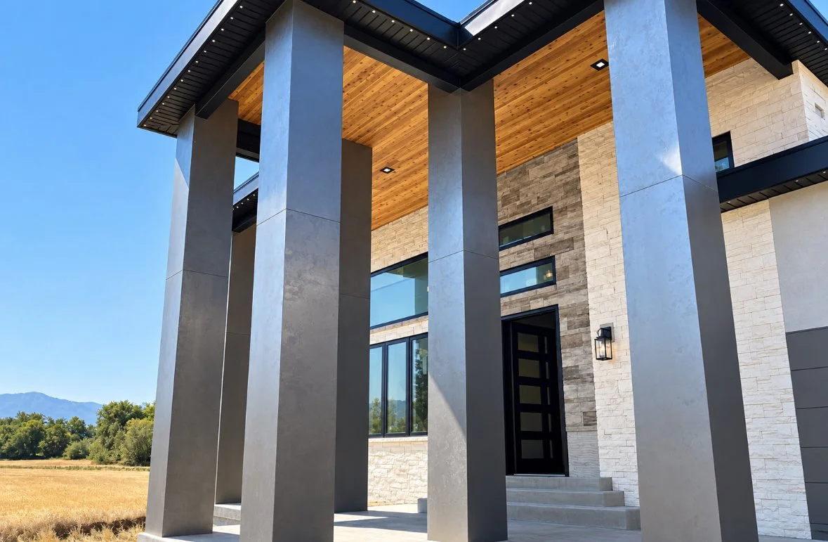 Natural cedar tongue-and-groove porch ceiling above a modern front entry with tall stone columns