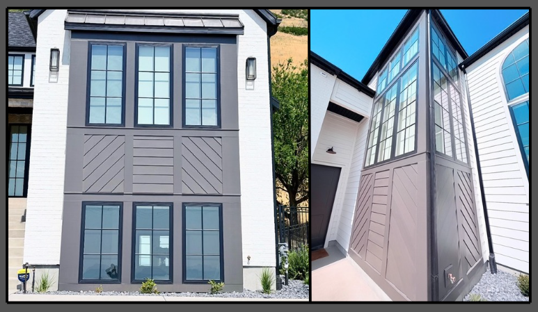 Modern two-story home featuring decorative geometric exterior trim panels, large windows, and custom architectural detailing.