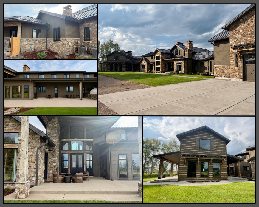 Mountain modern custom home with lap siding, natural stone masonry, soffit, fascia, gutters, exterior trim, and custom metal flashing by Huff's Siding.