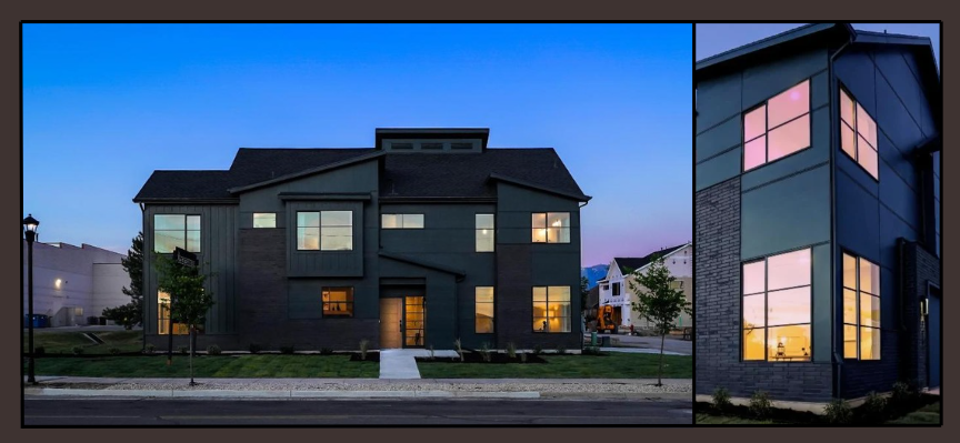 Side-by-side images of modern residential buildings with illuminated windows during twilight, one with a traditional house design and the other with a contemporary, glass-heavy design.