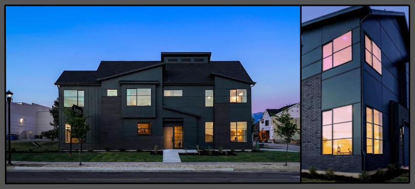 Contemporary custom home featuring vertical and horizontal siding, modern exterior trim, soffit, fascia, and custom metal flashing installed by Huff's Siding.