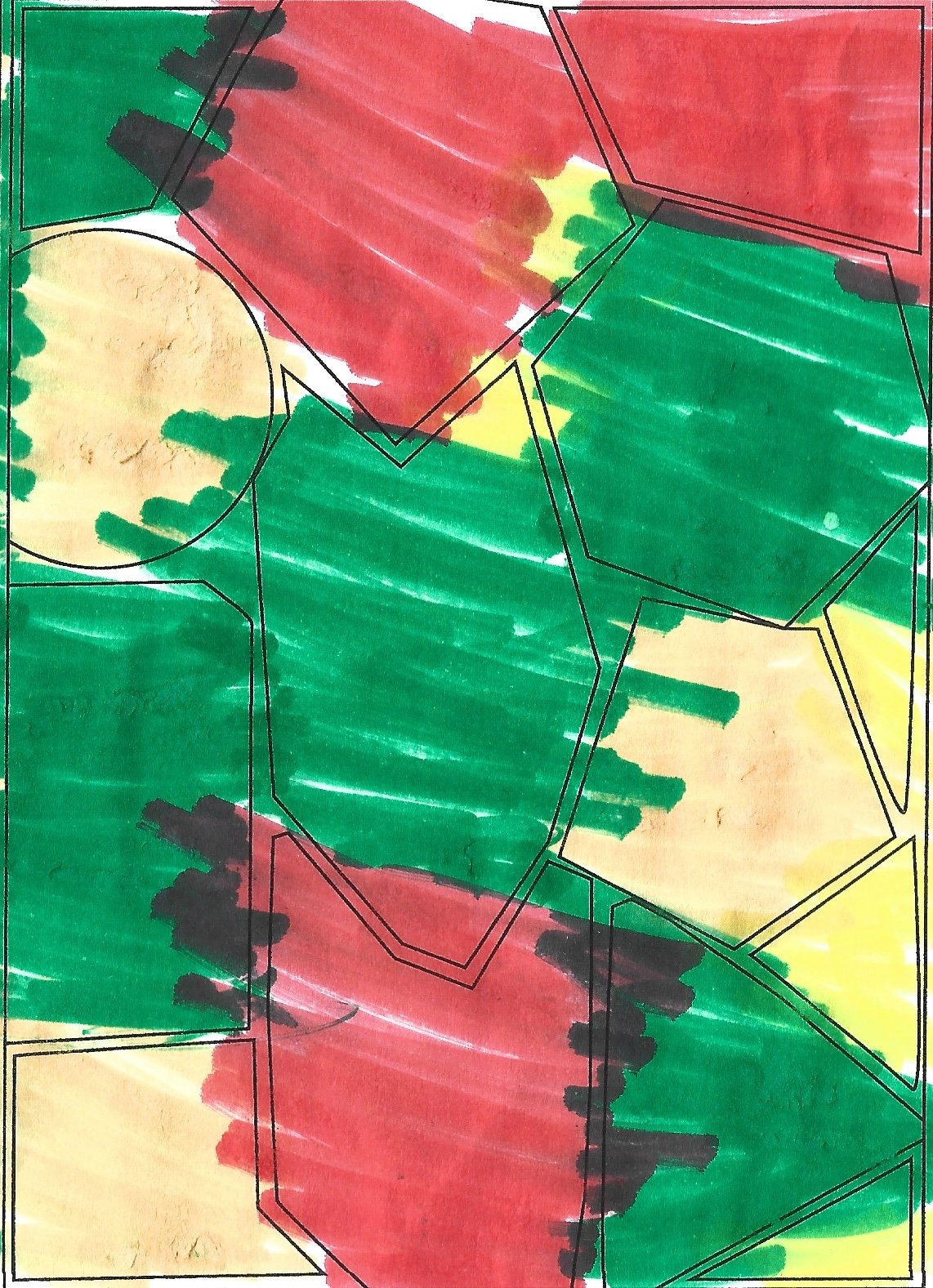 Colorful abstract pattern with red, green, yellow, and black brushstrokes, overlaid with black outline shapes.