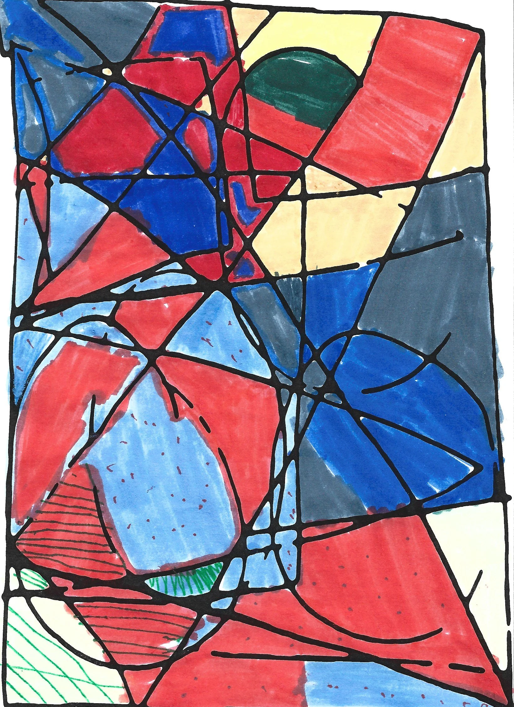 Abstract painting with irregular shapes filled with red, blue, green, gray, and yellow, outlined with thick black lines.
