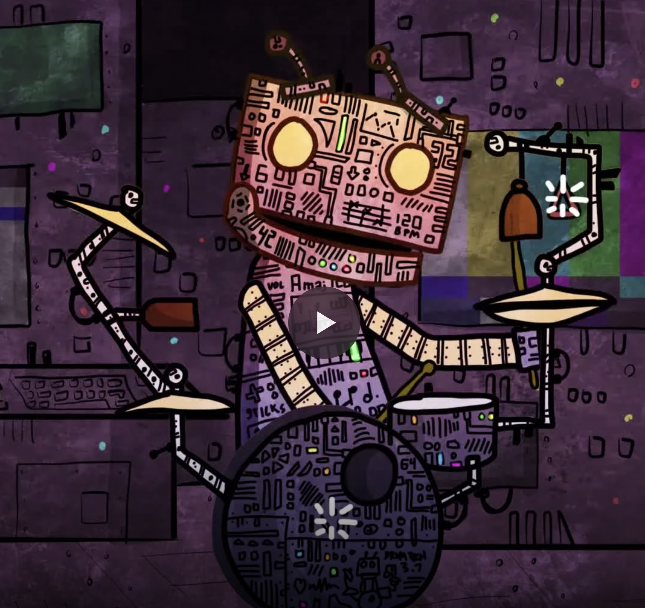 A colorful, cartoon-style drawing of a drum set with a robot playing it, with a purple abstract background and various shapes.