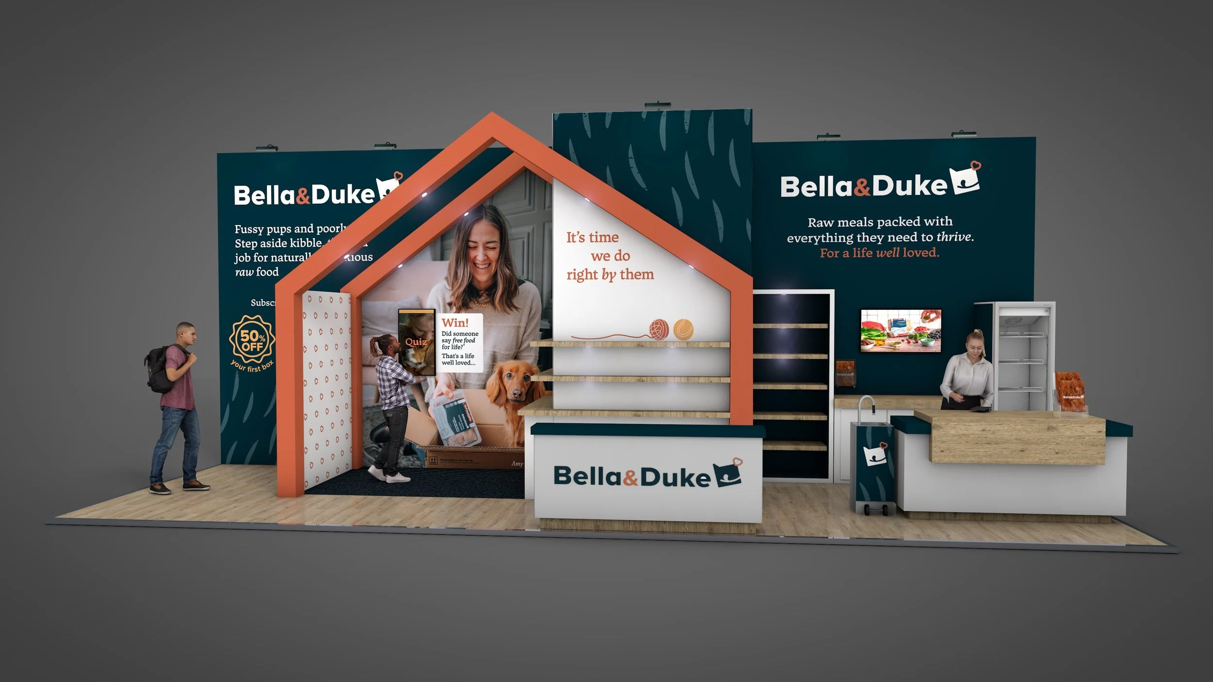 Exhibition booth for Bella & Duke featuring pet food branding, a large photo of a smiling woman with a dog, shelves, a counter with staff, promotional posters, and visitors