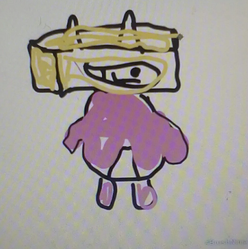 A child's drawing of a character with a large yellow headband, smiling and wearing a pink dress and shoes.