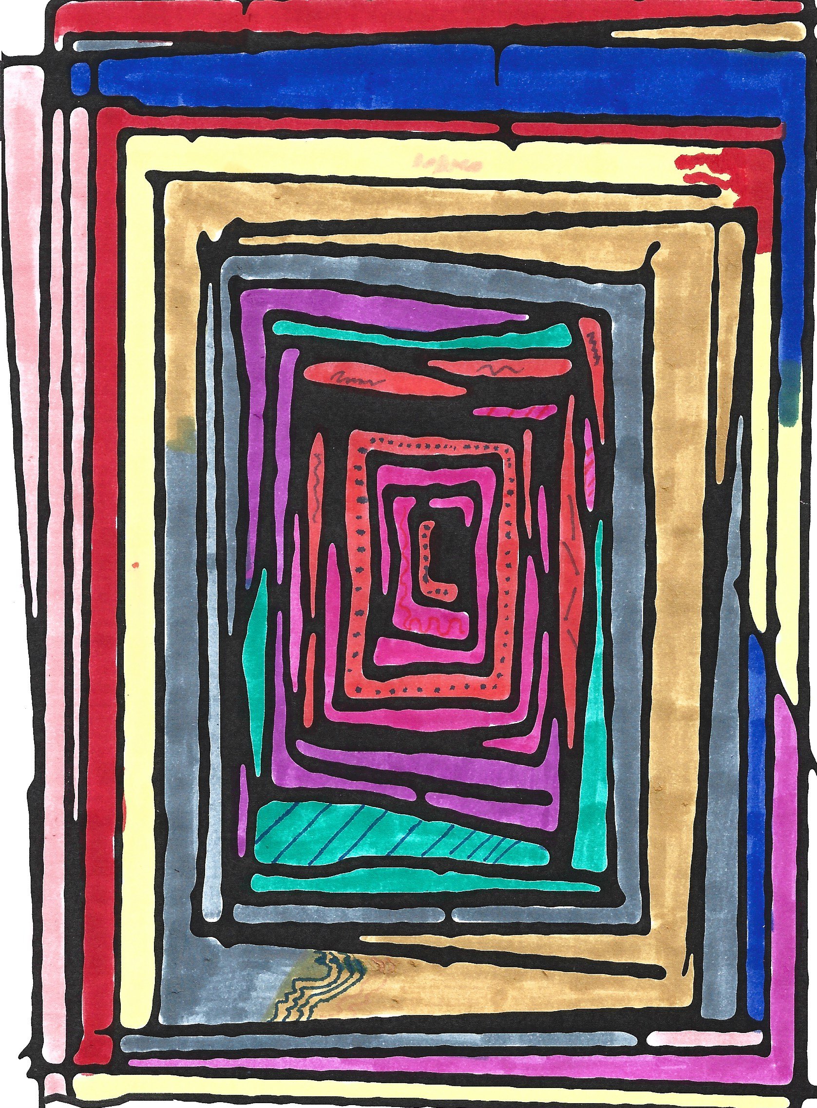 A colorful abstract painting featuring concentric rectangles outlined in black, with various colors including red, purple, blue, yellow, green, pink, and beige.