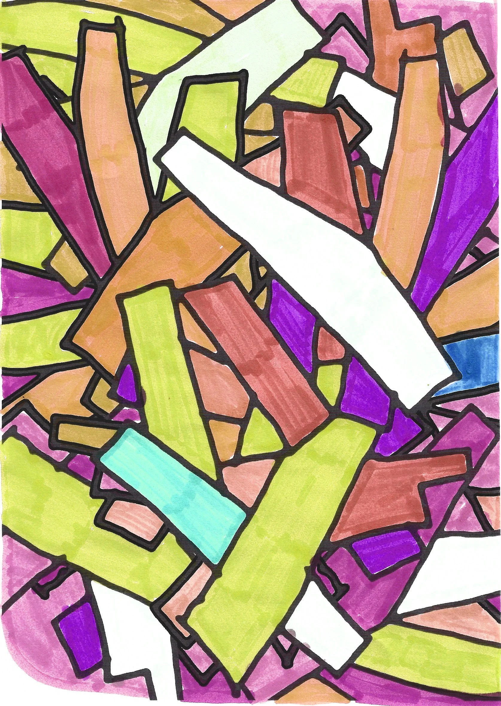 Colorful abstract drawing of piano keys with various shapes and colors, outlined in black.