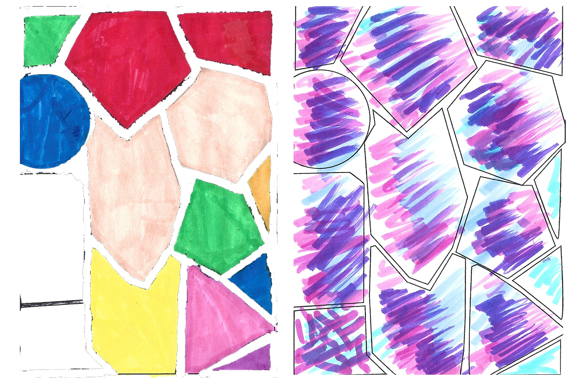 Colorful abstract artwork with geometric shapes on the left and purple, pink, and blue streaks on the right.
