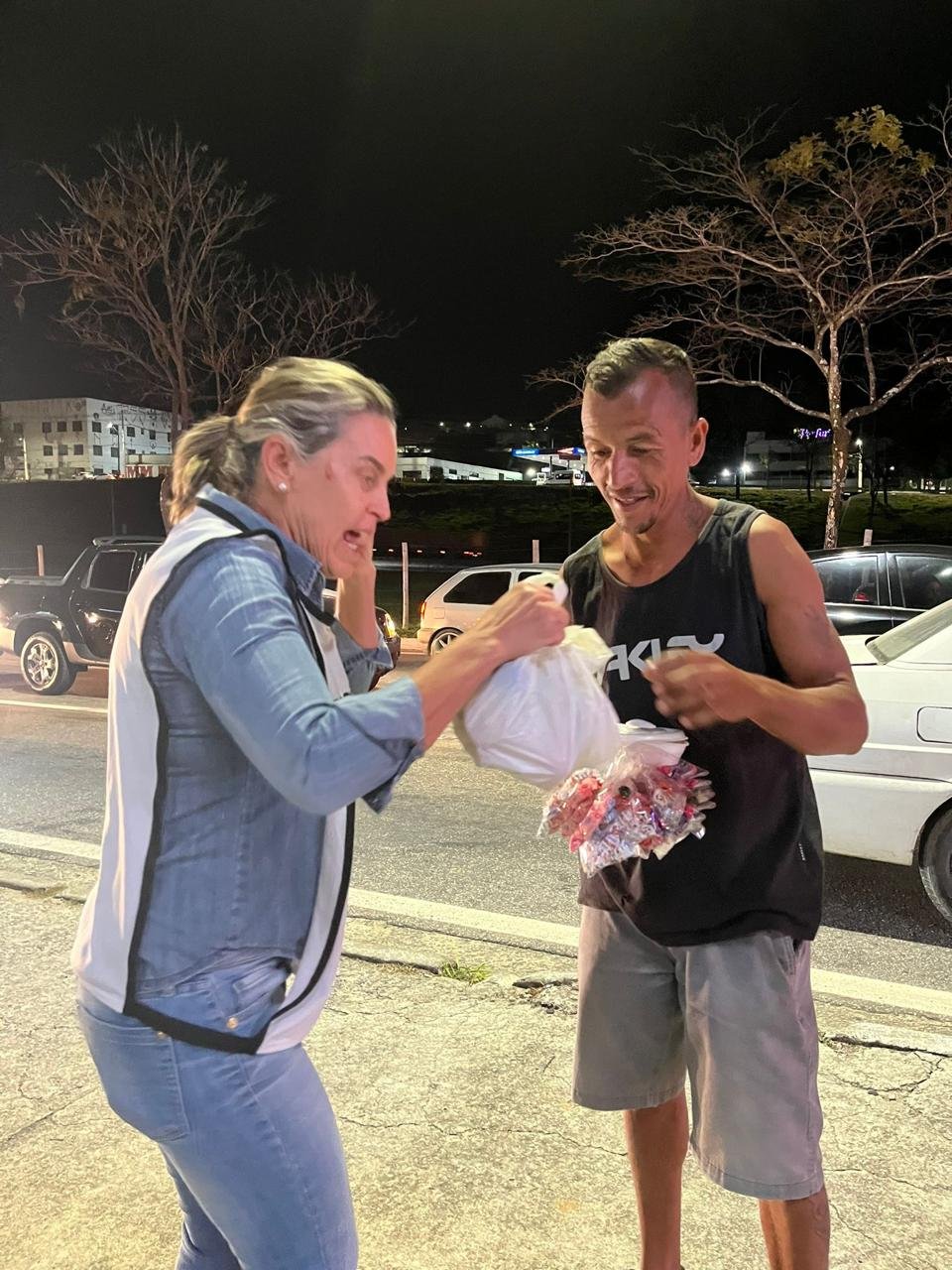 handing out the bags we made