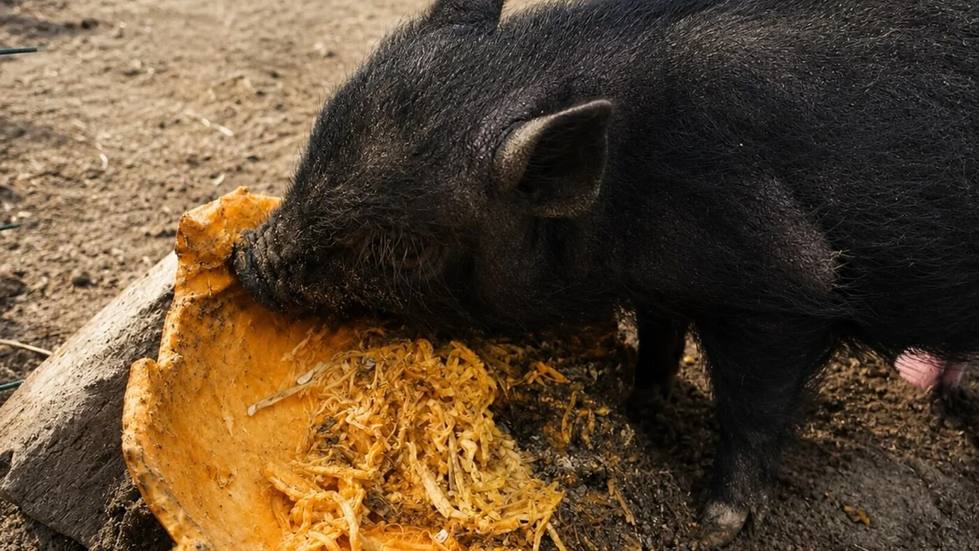 A smiling pig at Cotton Branch Refuge Project beside pumpkins in a fall pasture.