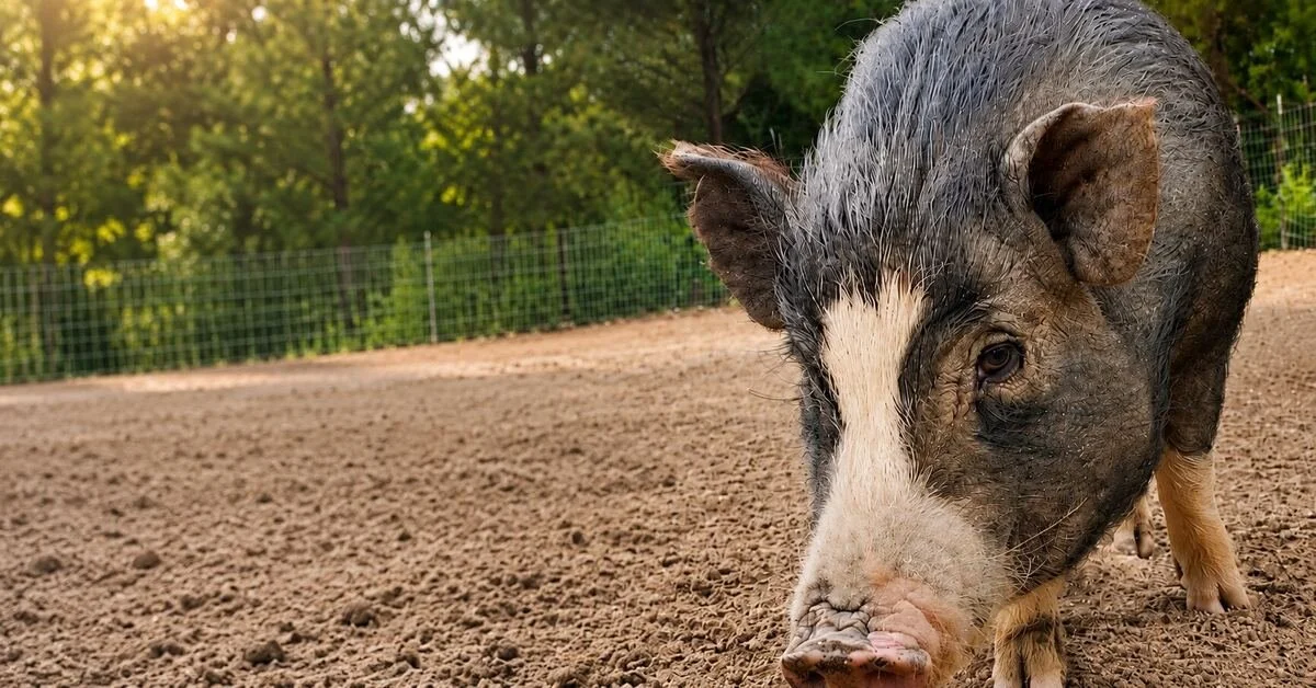 A pig at Cotton Branch Refuge Project on a bright fall day.