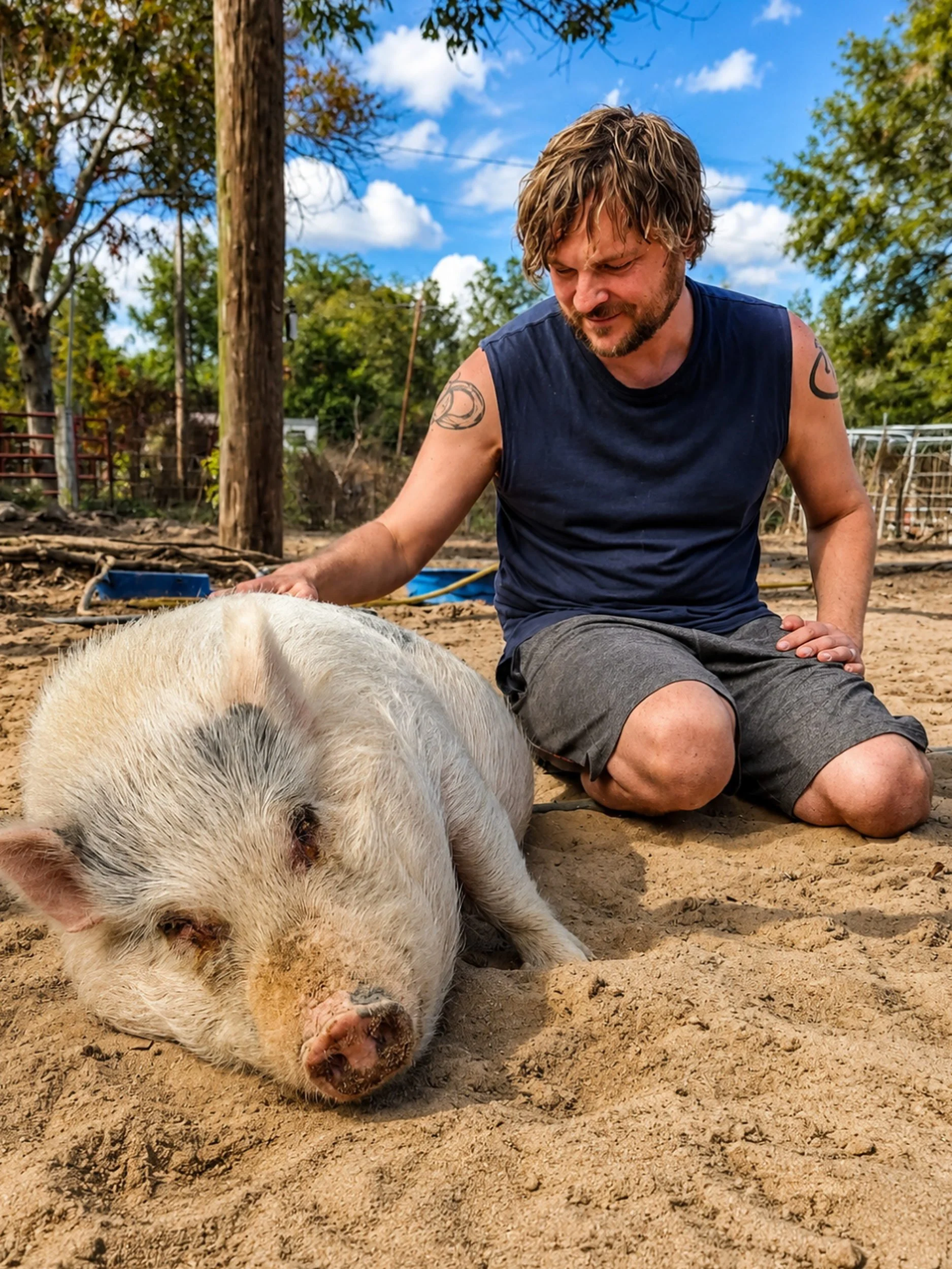 A man with short wavy hair and a beard kneeling on sandy ground, petting a sleeping pig. The man is wearing a sleeveless dark shirt and shorts, and has tattoos on his arms. The scene takes place outdoors with trees, a fence, and cloudy blue sky in the background.
