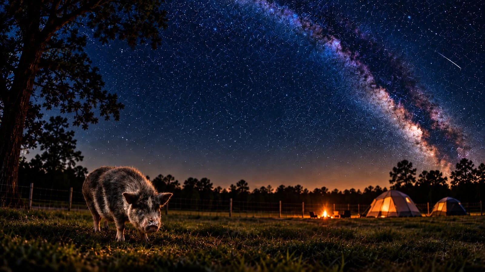 A pig in a nighttime field at Cotton Branch Refuge Project with tents, a campfire, and stars overhead.