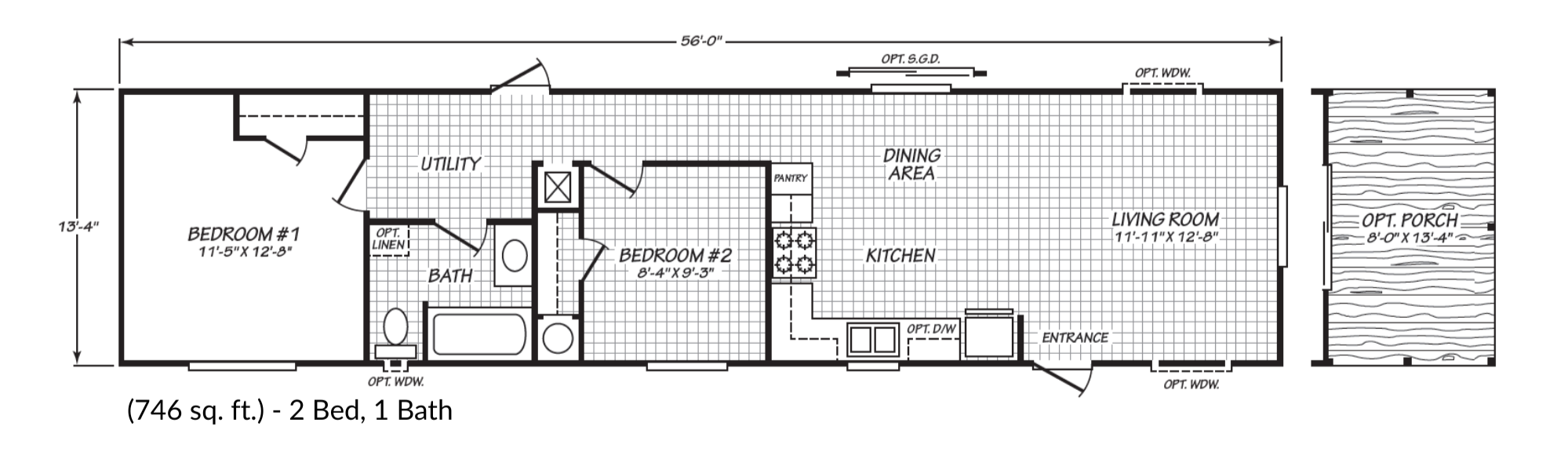 Floor plan of a 746 square foot, two-bedroom, one-bathroom house including living room, kitchen, dining area, utility, bedrooms, bath, and optional porch depicted in black and white with labeled dimensions.