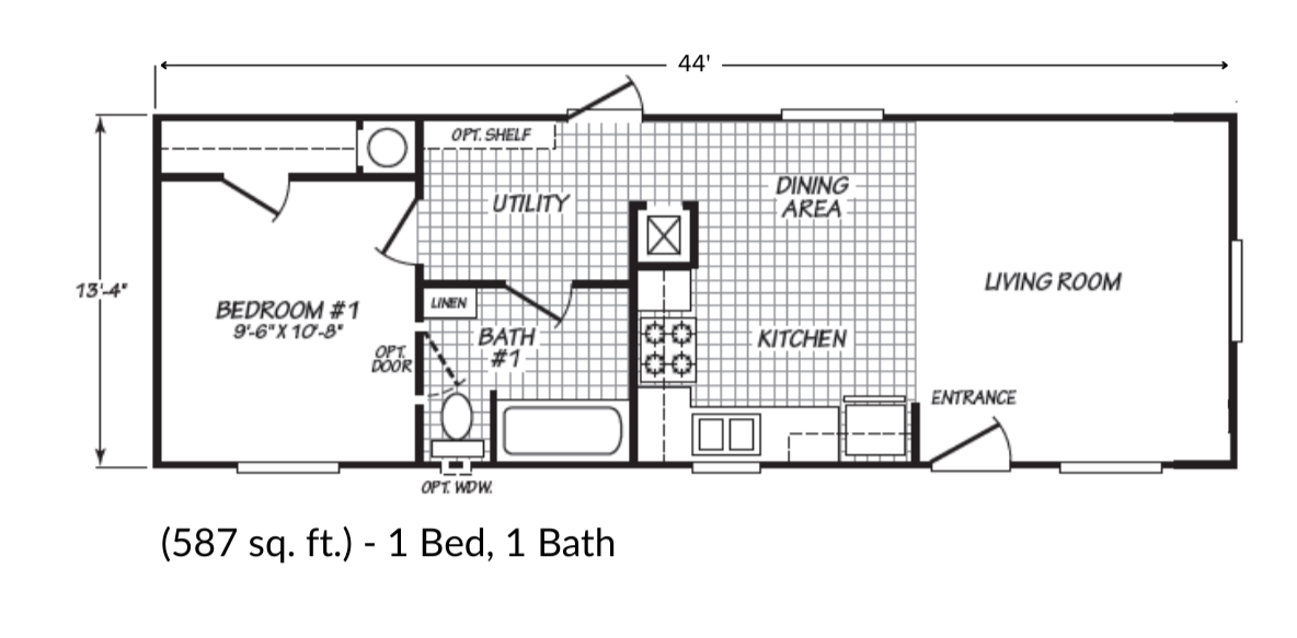 Floor plan of a 587 square foot, one-bedroom, one-bathroom apartment with a living room, kitchen, dining area, bedroom, bathroom, and utility room.