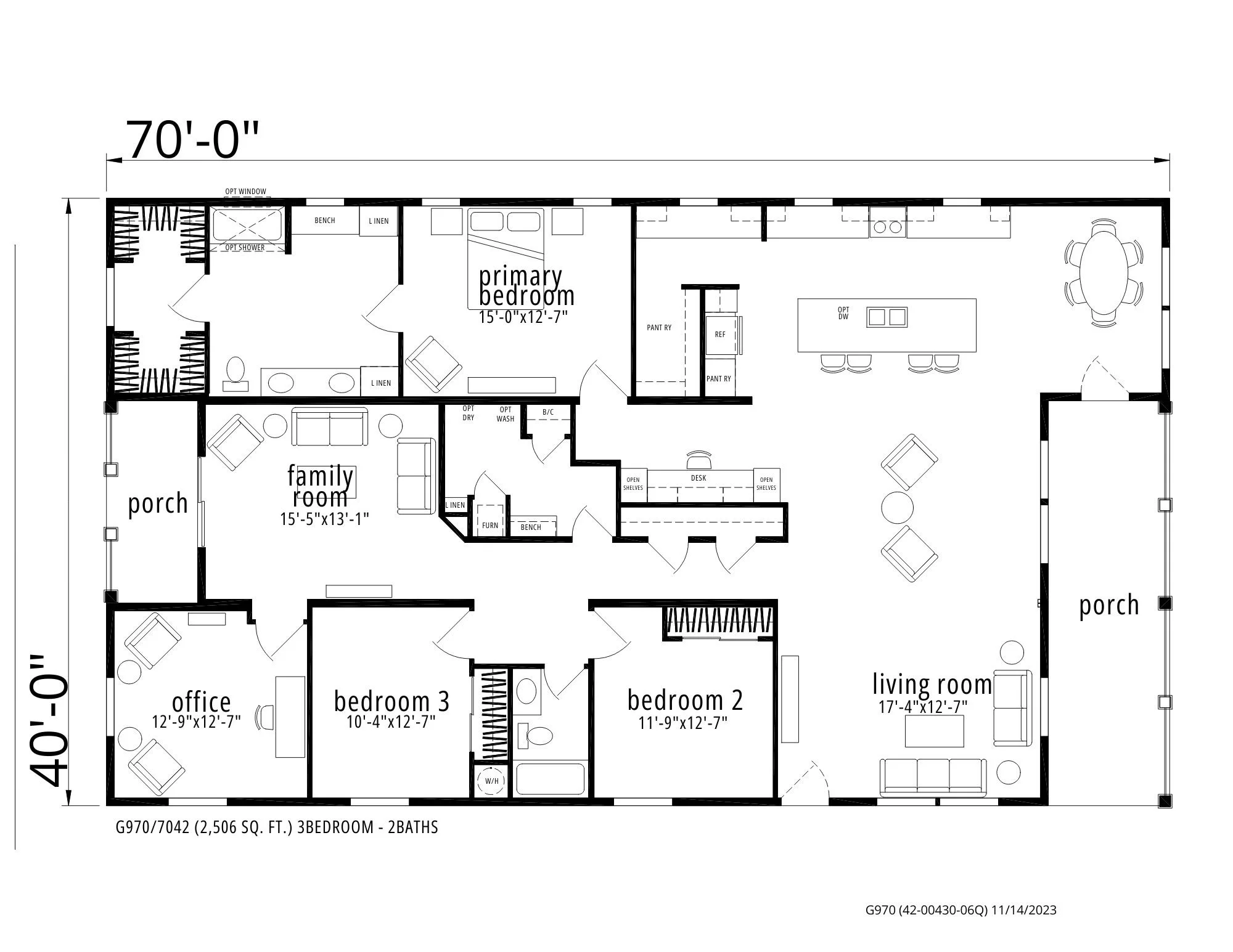 Floor plan of a 3-bedroom, 2-bath house with a porch, office, family room, living room, kitchen, dining area, two porches, and bedrooms with closets.