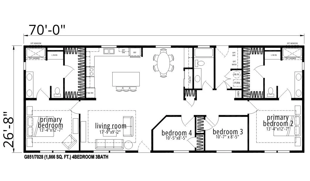 Floor plan of a 4-bedroom, 3-bath house with dimensions, including a living room, kitchen, dining area, three bedrooms, and a primary bedroom on each end.