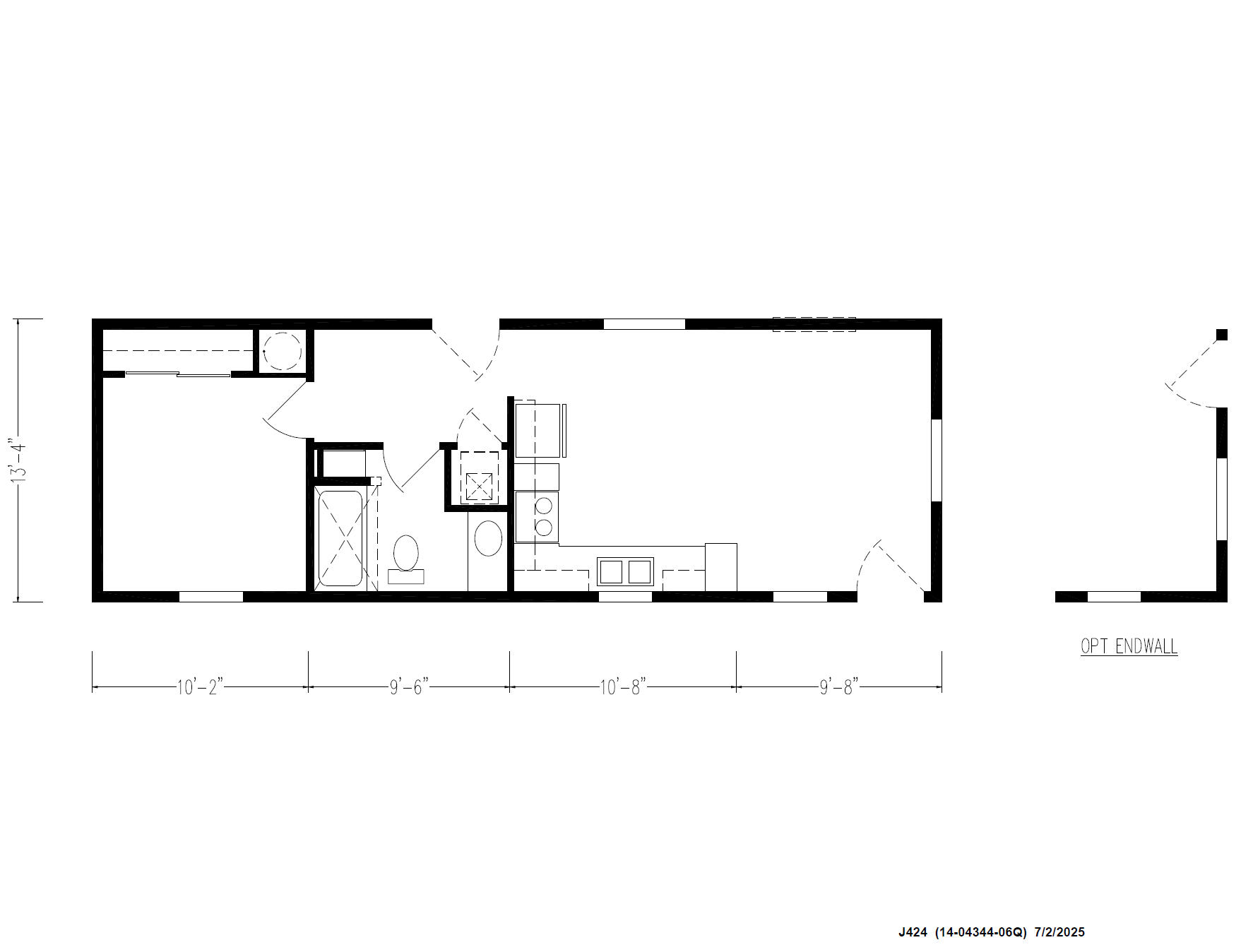 Floor plan of a small house with a bedroom, bathroom, kitchen, and living area, including dimensions and optional wall extension area.