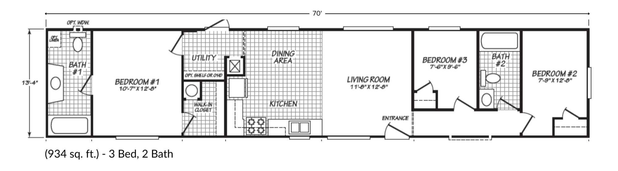 Floor plan of a 3-bedroom, 2-bathroom house with a living room, kitchen, dining area, utility space, and attached bathrooms.