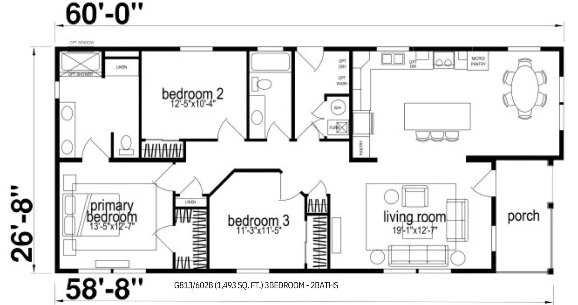 Floor plan of a three-bedroom, two-bath house measuring 60 feet by 58 feet and 8 inches. The layout includes a primary bedroom, two additional bedrooms, a living room, kitchen with an island, dining area, porch, and three bathrooms.
