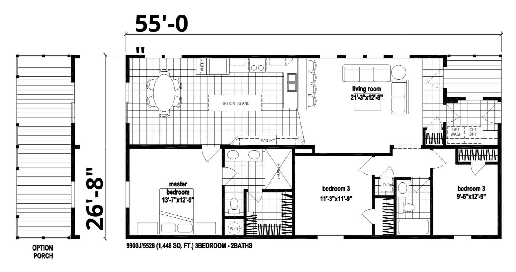 Floor plan of a house with three bedrooms, two bathrooms, a living room, a kitchen with an island, and an optional porch.