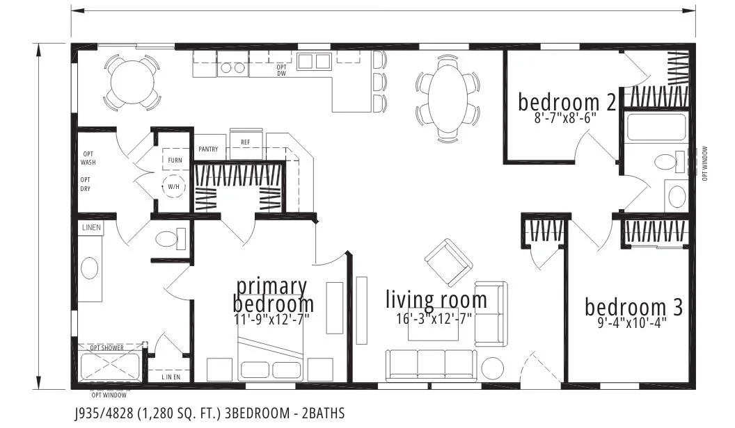 Floor plan of a three-bedroom, two-bath house with labeled rooms including living room, primary bedroom, bedrooms 2 and 3, kitchen, laundry area, and bathrooms with planned fixtures.