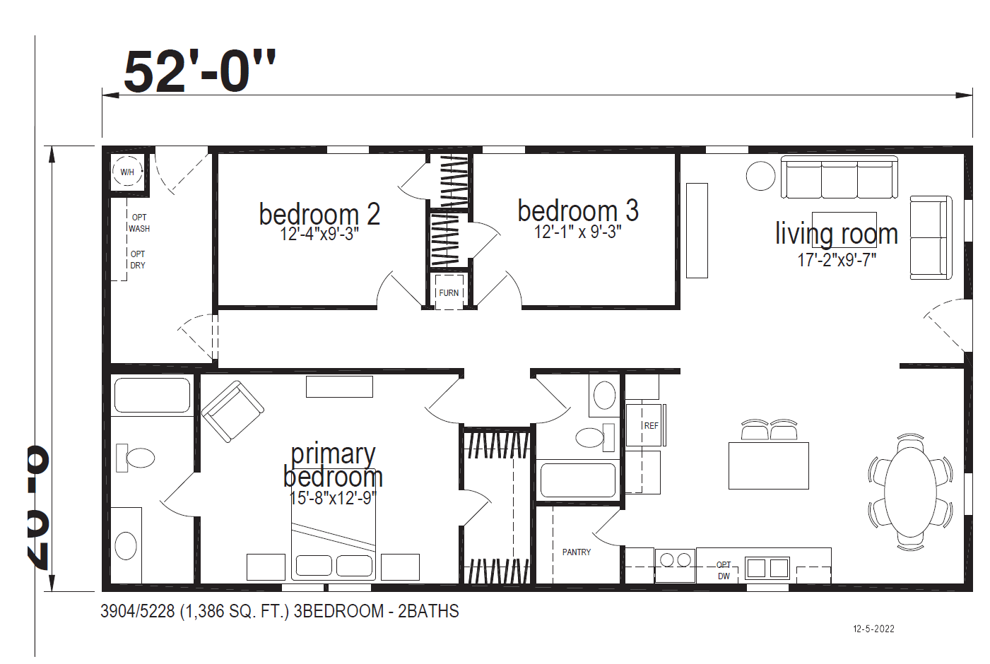 Floor plan of a 3-bedroom, 2-bathroom house with labeled rooms, dimensions, and features like kitchen, living room, and bathrooms.