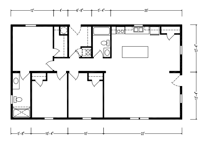 Floor plan of a house with a kitchen, living room, three bedrooms, two bathrooms, and a laundry area.