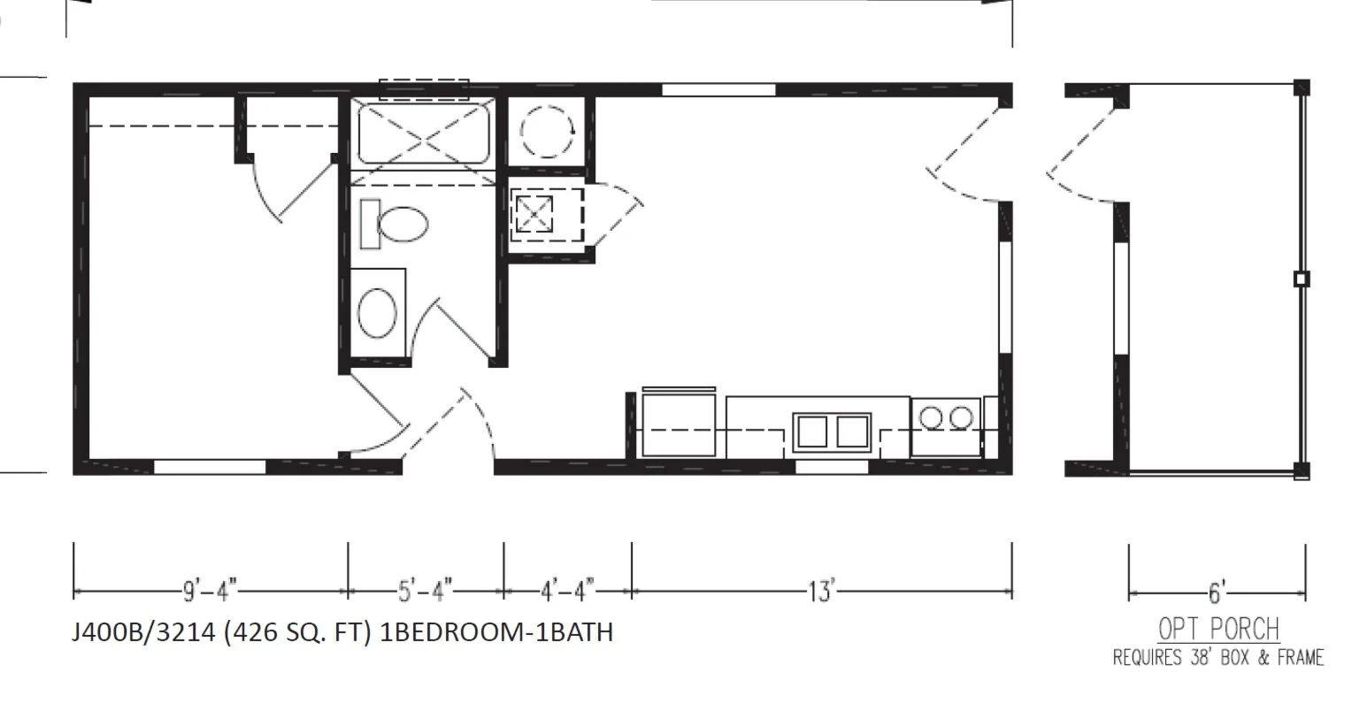 Floor plan of a small one-bedroom, one-bath apartment with labeled dimensions, including an open kitchen, living area, bathroom, and optional porch.