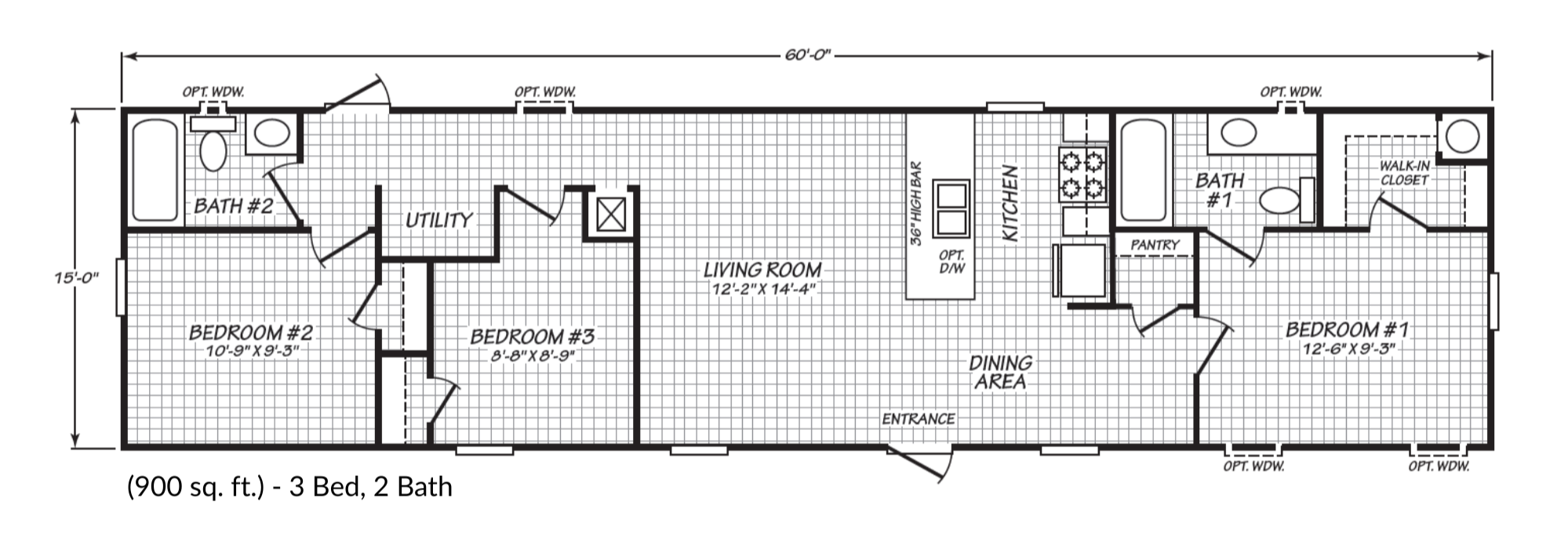 Floor plan of a 3-bedroom, 2-bath house measuring 900 square feet, showing rooms including living room, kitchen, dining area, utility, two bedrooms with closets, a third bedroom, and two bathrooms with fixtures.