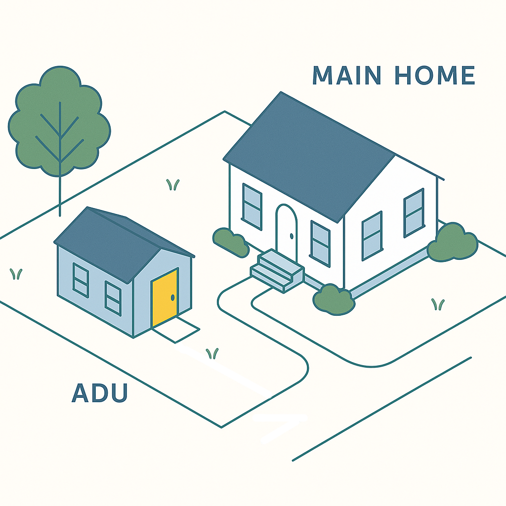 A simple illustration of a house labeled 'Main Home' with a smaller building labeled 'ADU' nearby, along with a tree and shrubbery.