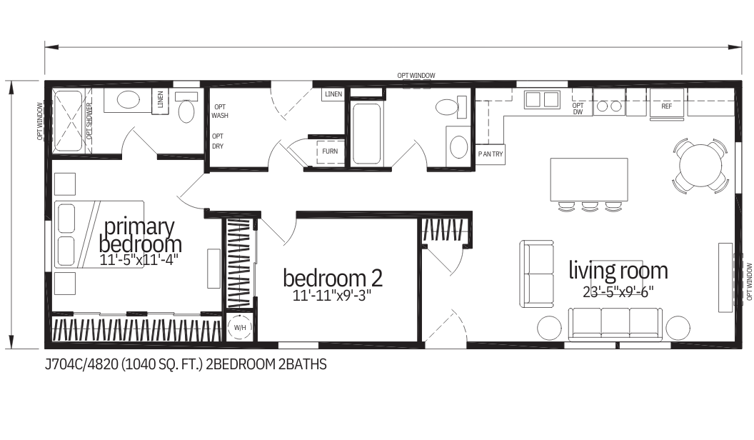 Floor plan of a two-bedroom, two-bathroom house with a living room, kitchen, primary bedroom, and bedroom two.