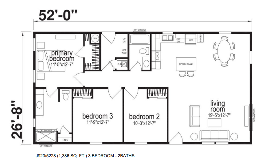 Floor plan of a 3-bedroom, 2-bathroom mobile home with dimensions 52 feet by 26 feet 8 inches, featuring a primary bedroom, two additional bedrooms, a living room, kitchen with island, and an entryway.