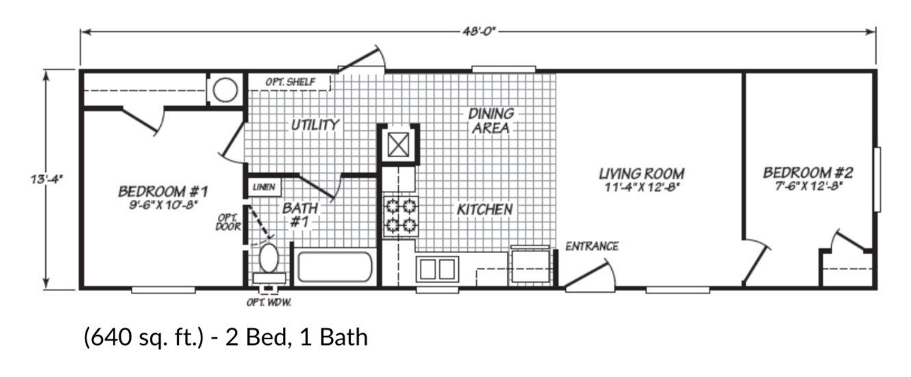 Floor plan of a 640 square foot, two-bedroom, one-bathroom mobile home. The layout includes a living room, kitchen, dining area, utility room, and two bedrooms. The entrance is located near the kitchen. The larger bedroom, labeled Bedroom #1, measures 9 feet 6 inches by 10 feet 8 inches, while Bedroom #2 measures 7 feet 6 inches by 12 feet 8 inches.