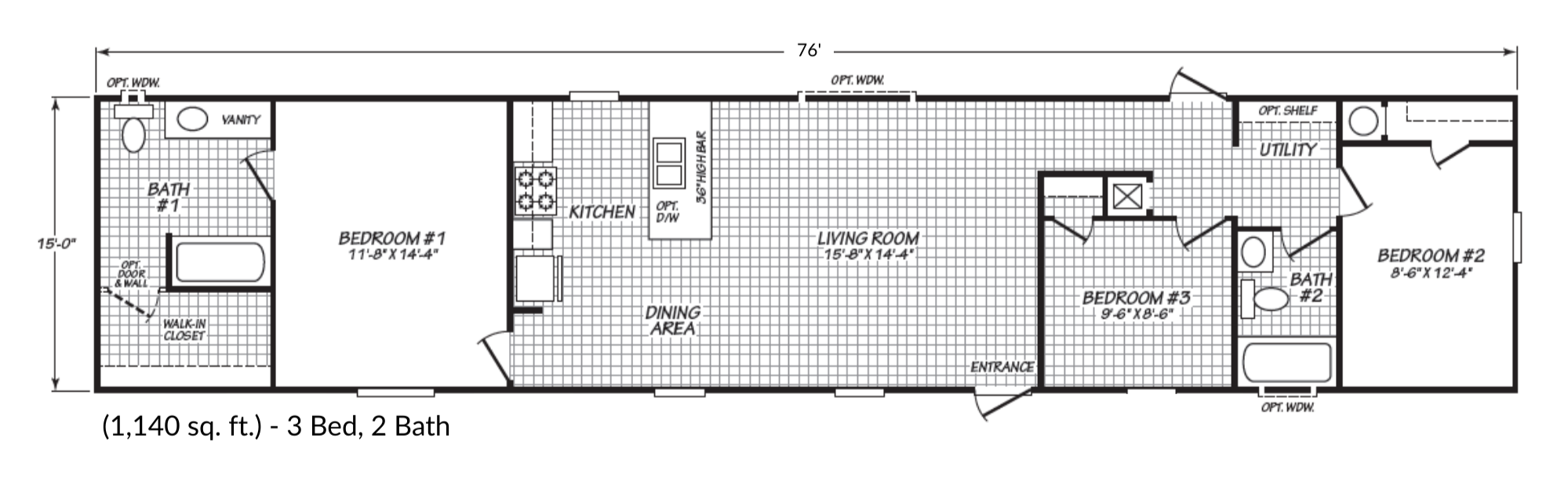 Floor plan of a 3-bedroom, 2-bath house with labeled rooms, kitchen, dining area, living room, utility, and optional features, measuring 1,140 square feet.
