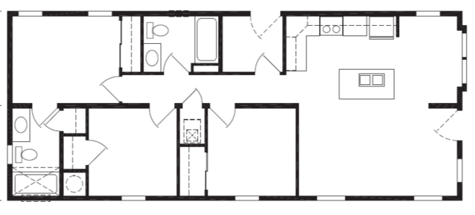 Floor plan of an apartment with multiple rooms including a kitchen, bathrooms, bedrooms, and living areas.