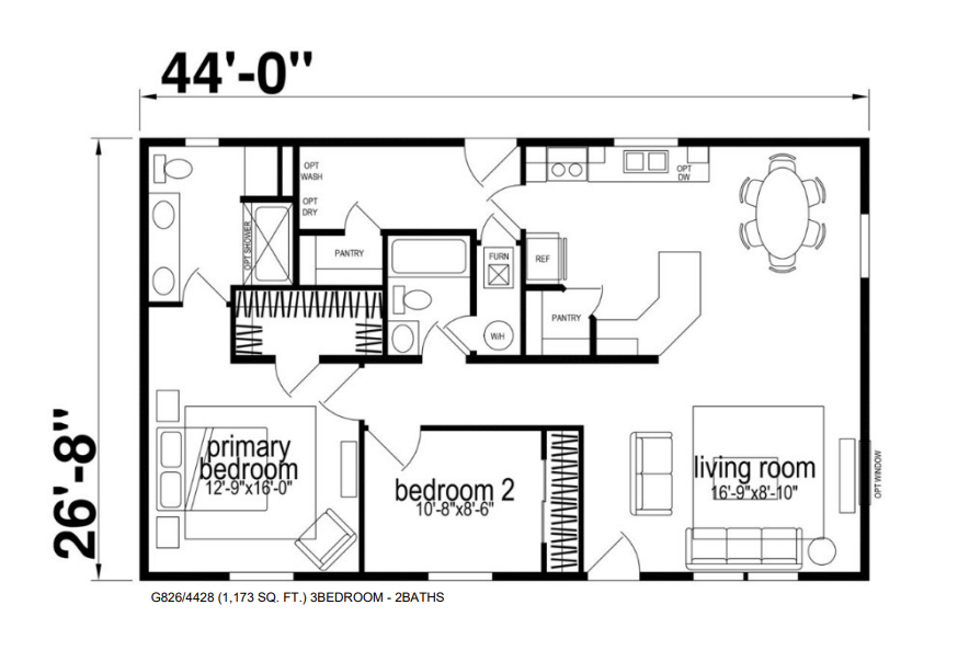 Floor plan of a three-bedroom, two-bath house with dimensions 44 by 26.8 feet, showing a primary bedroom, bedroom 2, living room, kitchen, dining area, bathrooms, laundry area, and closets.
