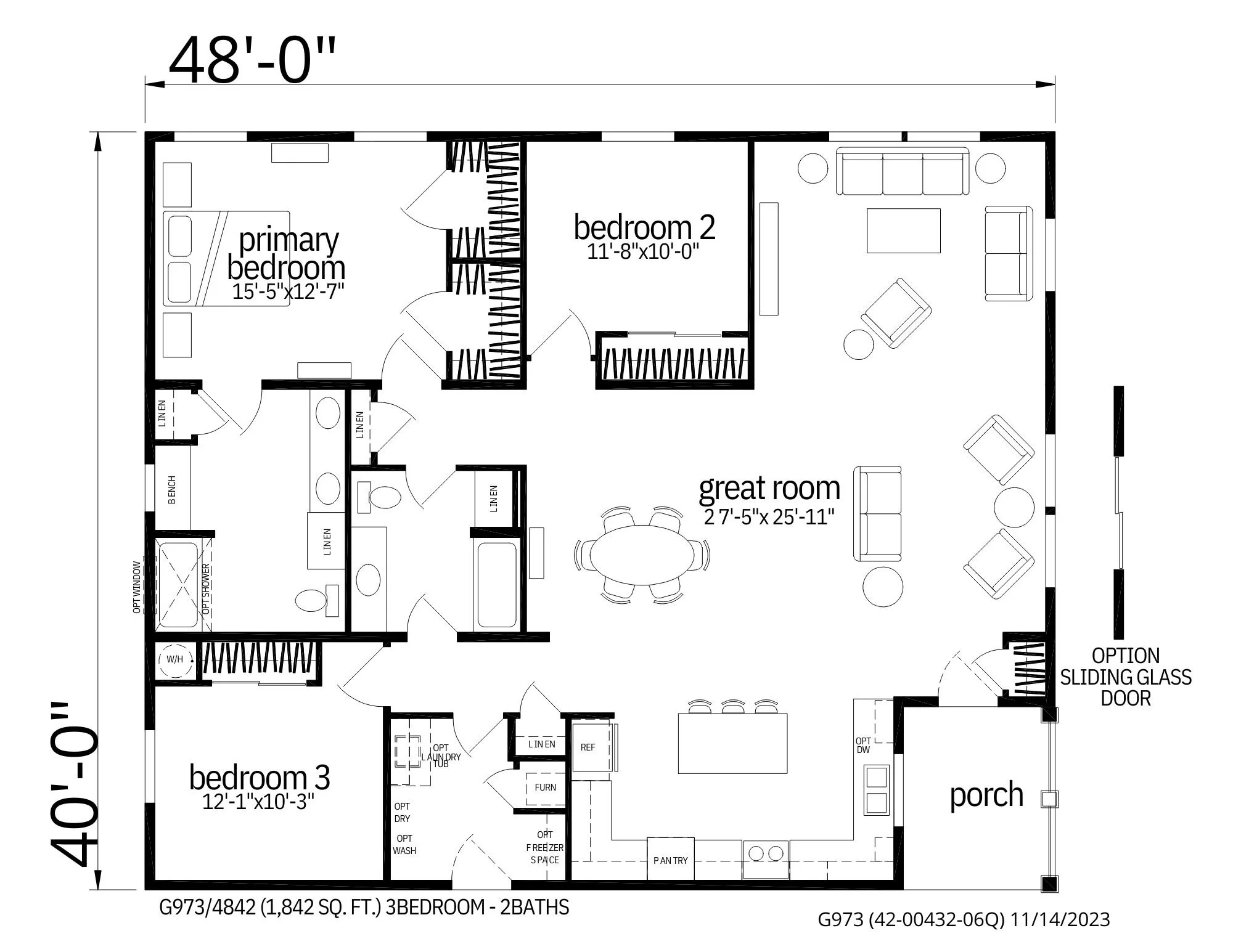 Floor plan of a 3-bedroom, 2-bath house, featuring a porch, great room, kitchen, primary bedroom, 2 additional bedrooms, 2 bathrooms, and closets.