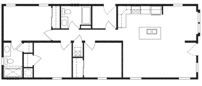 Floor plan of a house showing multiple rooms, including a kitchen, living area, bathrooms, and bedrooms.