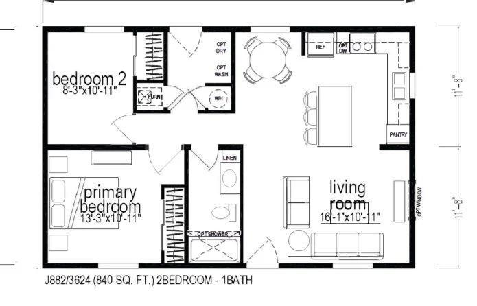 Floor plan of a two-bedroom, one-bathroom house. It includes a primary bedroom, a secondary bedroom, a bathroom with a shower, a living room with a sofa and TV, a kitchen with a pantry, and a laundry area with optional washer and dryer.