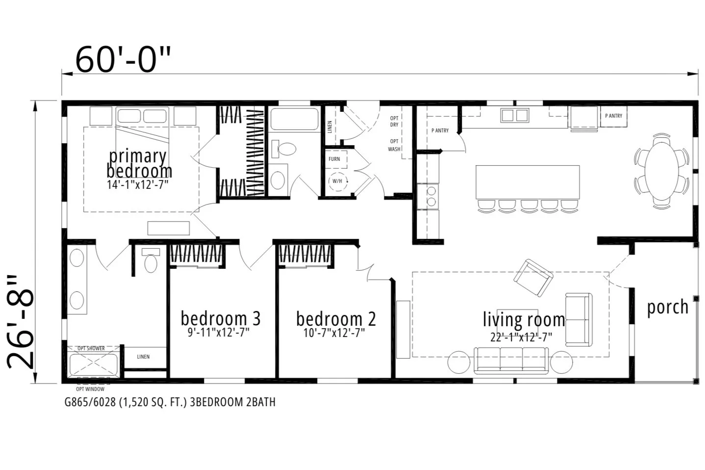 Floor plan of a 3-bedroom, 2-bath house with a living room, kitchen, porch, and labeled bedroom areas, dimensions provided for each room.